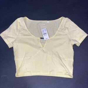 Pac Womens Yellow Crop Top With‎ Scoop Neck & Short Sleeves Medium